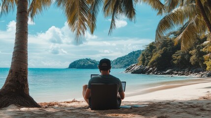 Poster - A digital nomad working on a laptop at a tropical beach, Modern lifestyle theme, Adventurous style