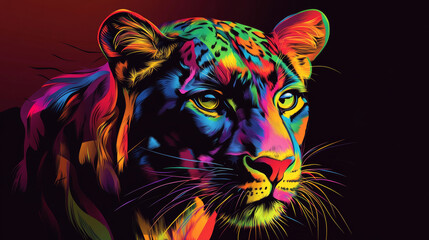 An abstract, multi-colored neon portrait of a panther's head in pop art style, set against a dark brown background.



