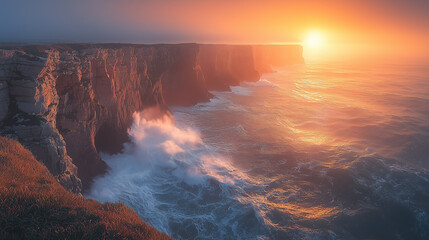 Wall Mural - Waves crashing against rugged cliffs, a misty atmosphere, dramatic lighting, long exposure. A steep bank and a cliff.