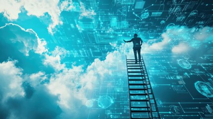 Poster - A dramatic shot of a person climbing a ladder that reaches up into a sky filled with digital clouds and data streams, symbolizing the ascent towards achieving digital mastery and innovation