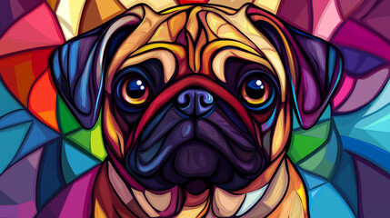 A sticker design featuring an abstract, multicolored neon portrait of a pug's head in pop art style, set against a dark blue background, created as digital vector graphics with the background on a sep