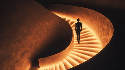 Poster - A dramatic view of a person ascending a spiral staircase, each step glowing with light, symbolizing personal growth and enlightenment in the journey of life
