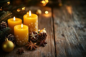 This warm, inviting image showcases three lit candles surrounded by festive decorations like pinecones, star anise, and ornaments, atop a rustic wooden table.