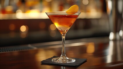 A glass with an alcoholic cocktail on the background of the bar