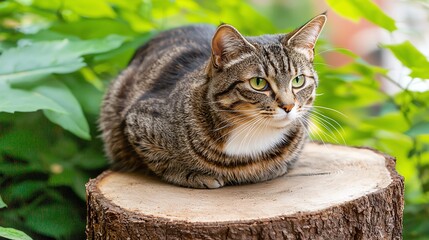 A tabby cat relaxes on a wooden stump amidst lush green foliage, showcasing its vibrant fur and alert expression in a serene outdoor setting.