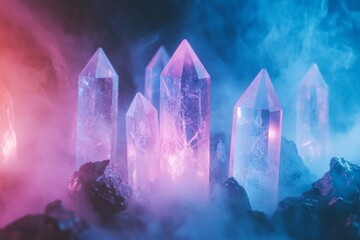 Poster - An awe-inspiring composition of radiant pink and blue crystals shimmering brightly amidst a soft, colorful mist, evoking a sense of wonder and tranquility.