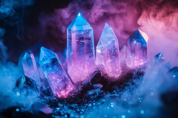 Poster - This artwork showcases a cluster of vibrant purple and blue crystals rising through swirling mist, exuding an aura of mystery and ethereal beauty.