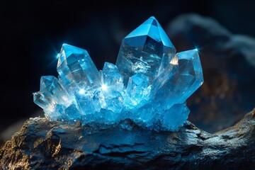 Poster - A striking image of radiant blue crystals brilliantly reflecting light as they protrude from a rugged rock surface, creating a dazzling visual spectacle.