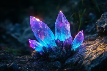 Poster - A breathtaking cluster of vibrant crystals nestled among rugged rocks, casting a mesmerizing glow, evoking a sense of wonder and mystery.
