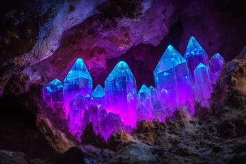 Poster - In a shadowy cave, a formation of radiant crystals exudes luminescent allure, projecting an ethereal light that captivates and mystifies all who behold it.