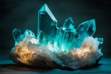 Poster - Beautiful translucent crystals rise from a cloud-like base, gleaming with an inner light that conveys tranquility, beauty, and surreal artistic elegance.