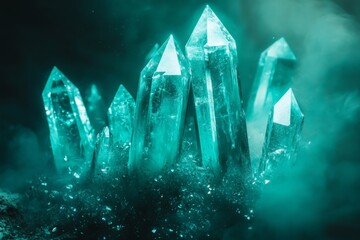Poster - Magical blue crystals are enveloped in a mysterious aura, their sharp forms highlighted by an ethereal glow that infuses the scene with tranquility and serenity.