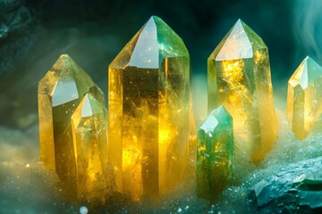 Poster - A series of vivid golden crystals nestled in a vibrant, illuminated cave, showcasing their radiant beauty against a backdrop of dim ambient lighting.