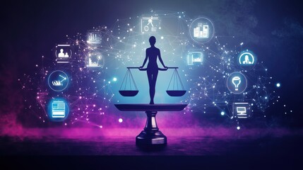 Aufkleber - A dynamic image of a person balancing on a giant digital scale, with floating icons representing work and leisure on either side