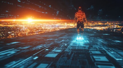 Aufkleber - A dynamic image of a person navigating a futuristic digital landscape on a hoverboard made of glowing task bars and reminders, with a bright horizon symbolizing future goals and achievements