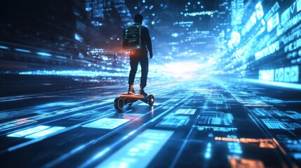 Aufkleber - A dynamic image of a person navigating a futuristic digital landscape on a hoverboard made of glowing task bars and reminders, with a bright horizon symbolizing future goals and achievements