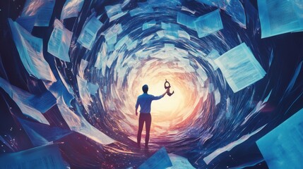 Aufkleber - A dynamic image of a person navigating through a swirling vortex of floating digital documents and notifications while holding onto a glowing anchor