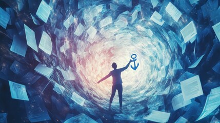 Aufkleber - A dynamic image of a person navigating through a swirling vortex of floating digital documents and notifications while holding onto a glowing anchor