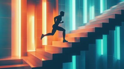 Aufkleber - A dynamic image of a person running up a staircase of progress bars, symbolizing the constant pursuit of goals and achievements, Indoor setting
