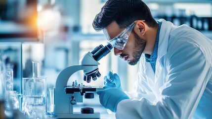 Poster - scientist examining sample with microscope in laboratory