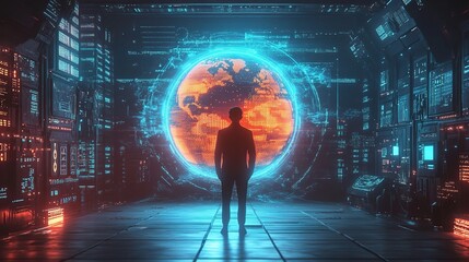 Poster - Futuristic Business Scene with Holographic World View