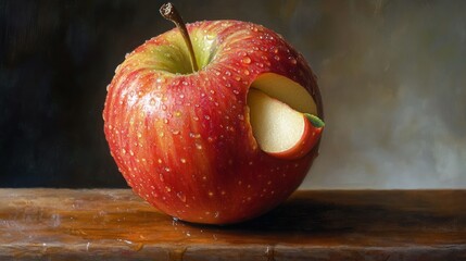 Poster - A Single Red Apple With A Bite Taken Out and Water Droplets