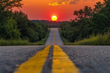 Wall Mural - A serene winding road through lush greenery at sunset in rural America