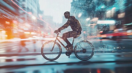 Poster - A dynamic scene of a person riding a bicycle made of interconnected circuit boards, symbolizing the integration of technology into daily life and transportation, Urban landscape