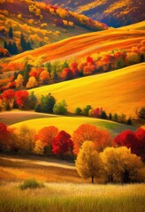 Wall Mural - vibrant autumn leaves blanket ground rich tapestry colors including brown amidst soft grass tranquil backdrops, foliage, orange, yellow, red, nature, season