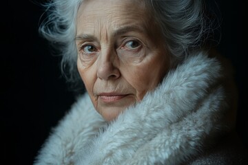 A thoughtful elderly woman wearing a warm coat and looking contemplatively to the side indoors