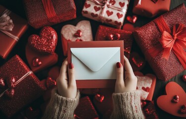 A person holds a blank envelope among decorated gifts on a red surface