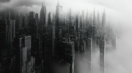 Poster - An abstract depiction of a futuristic city enveloped in fog