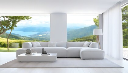 Elegant white living room design featuring modern and comfortable furniture blending with summer landscapes