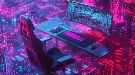 Poster - Futuristic Gaming Setup with Neon Lights and Cityscape Background
