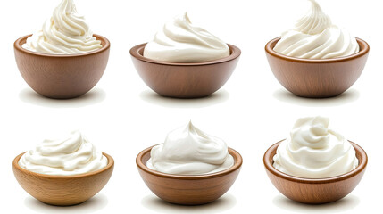 Poster - Sour Cream Collection in Wooden Bowls Isolated on a White Background Generative AI