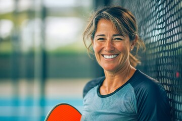 a cheerful woman holding a paddle, dressed in a casual sports outfit, stands beside a net outdoors, 