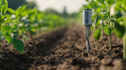 A detailed close-up of a smart agriculture sensor array, measuring soil moisture and environmental conditions, Agriculture technology style