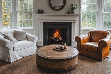 Wall Mural - Classic Country Farmhouse Living Room Featuring a Round Wooden Coffee Table Between a White Fabric Sofa and Weathered Brown Leather Chairs, Set Against a Fireplace.