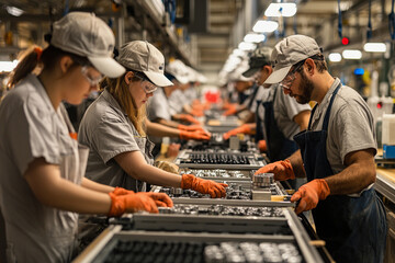 Workers assemble components in a busy manufacturing facility