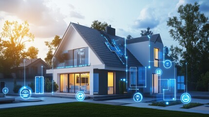 Aufkleber - A futuristic smart home with integrated technology and clean lines, representing the advancement of modern living, Technology scene