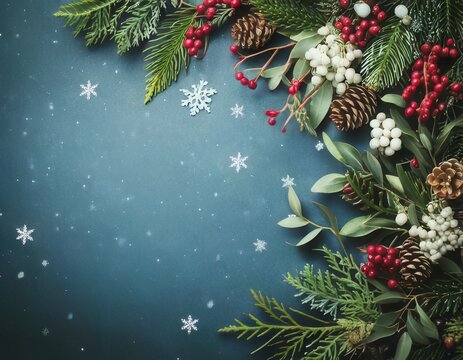 Holiday Christmas Background with decorative Branches and Snowflakes. Generated image