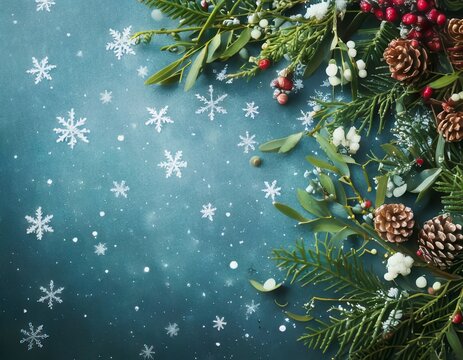 Holiday Christmas Background with decorative Branches and Snowflakes. Generated image