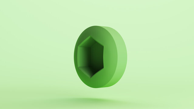 Green bionic hardware bolt screw shape component technology design element neutral monochrome pale light mint tones pastel green background 3d illustration render