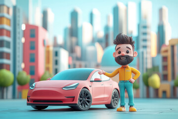 Cartoon Character with Electric Car in Modern Cityscape