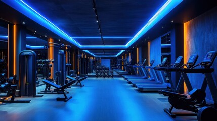 Aufkleber - A high-end fitness studio with a row of state-of-the-art exercise equipment, a mirrored wall, and ambient lighting