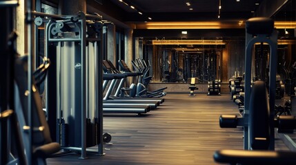 Aufkleber - A high-end fitness studio with a row of state-of-the-art exercise equipment, a mirrored wall, and ambient lighting