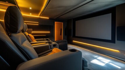 Poster - A high-end home theater with reclining seats, a large screen, and ambient lighting