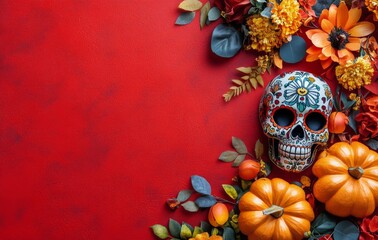 Colorful decorative skull and pumpkins surrounded by autumn leaves on a red background