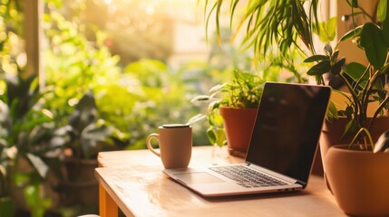 Poster - A home office setup with a laptop and coffee cup, Remote work theme, Cozy style