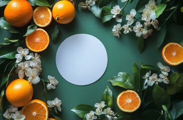 Wall Mural - Colorful arrangement of citrus fruits and flowers on a pastel green surface around a blank space